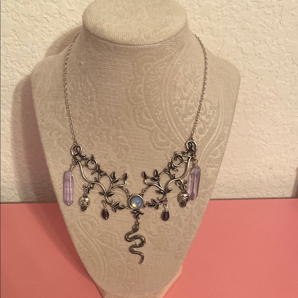 EARTHBOUND Silver Necklace with Purple Accents and Snake Pendant